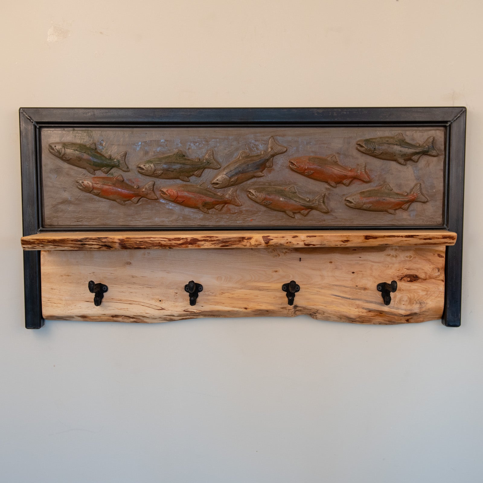 Salmon wall shelf with hooks