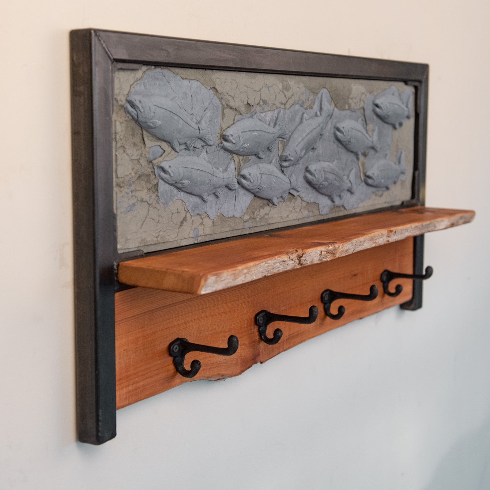Salmon wall shelf with hooks